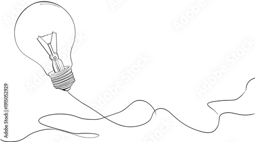 A line drawing of a light bulb, with a connecting wire that weaves across the frame