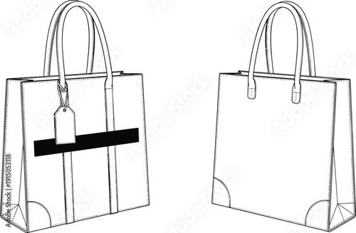 Women shopping tote bag technical illustration, front and back view, structured handbag with handles fashion accessory line drawing isolated on white background