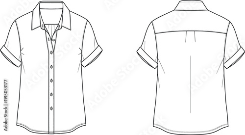 Women short sleeve shirt technical illustration, front and back view, button down collared blouse fashion apparel line drawing isolated on white background