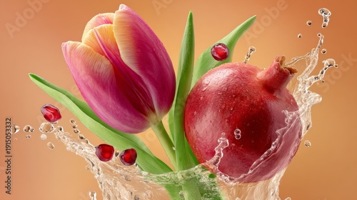 A beautiful flower with a red center and a green stem is surrounded by water droplets. The flower is a tulip