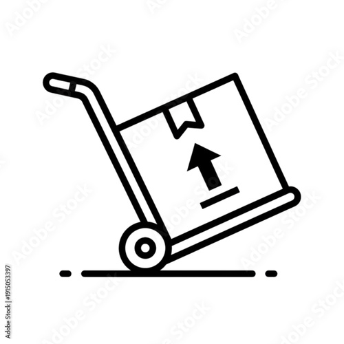 A practical vector image of a cardboard box sitting on a hand truck or trolley ready for easy transport in a warehouse.