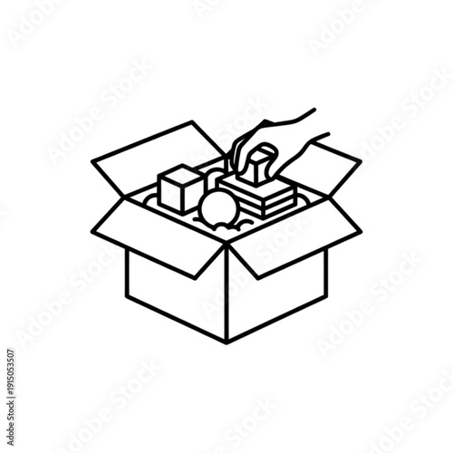 A high quality minimalist vector image illustrating a human hand carefully packing various items into a cardboard shipping box for secure delivery.