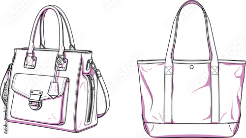 Women tote handbag technical illustration, front and back view, modern shoulder bag fashion accessory with straps line drawing isolated on white background