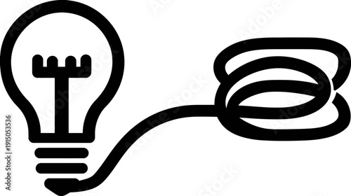 Black and white illustration depicting a lightbulb connected to a coiled cord