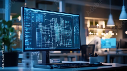 Wallpaper Mural Computer Monitor Displaying Engineering Blueprint in Modern Office Workspace Torontodigital.ca