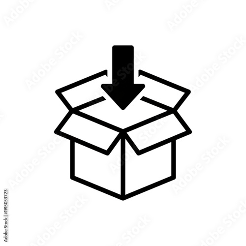 An essential e-commerce vector image showing an open cardboard box with a downward pointing arrow indicating an incoming shipment, deposit, or packing process.
