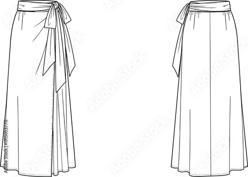 Wrap maxi skirt technical fashion illustration, front and back view, women long skirt flat sketch, tie waist detail, vector line drawing