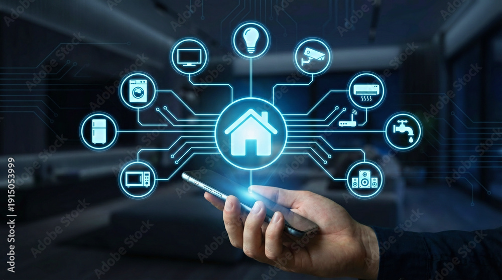 Obraz premium Hand Holding Smart Home Interface with Connected IoT Devices and Automation Technology