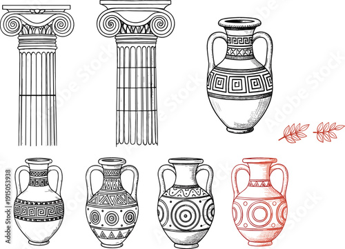 Ancient Greek and Roman columns with amphora vases vector set, classical engraved illustrations for history, architecture, museum design, branding, and decorative projects