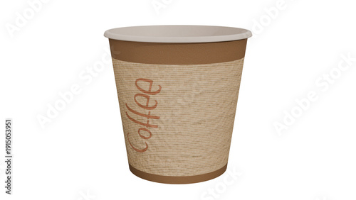 Isolated Brown Coffee Cup Image: A disposable paper cup with the word coffee written on the side, set against a black backdrop.