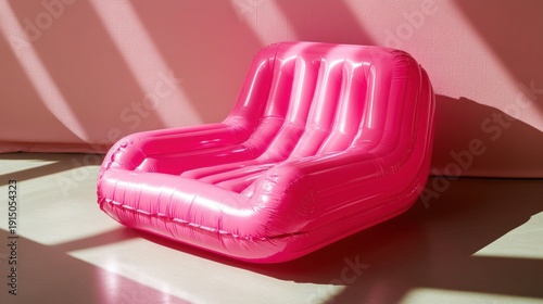 Hot pink inflatable chair with dramatic sun shadows on a textured pink wall and light floor.