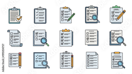 Collection of illustrated documents and clipboards with checkmarks and magnifying glasses displayed neatly on a clean background