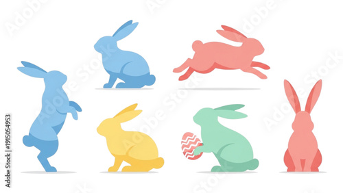 Colorful Rabbits Jumping and Playing with Easter Eggs in a White Background from a Front View