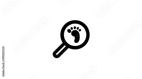 A black icon showing a footprint inside a magnifying glass on a white background