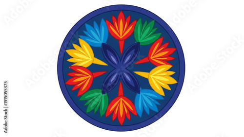 Vibrant circular design featuring a kaleidoscope of colorful floral patterns in a symmetrical arrangement viewed from directly above