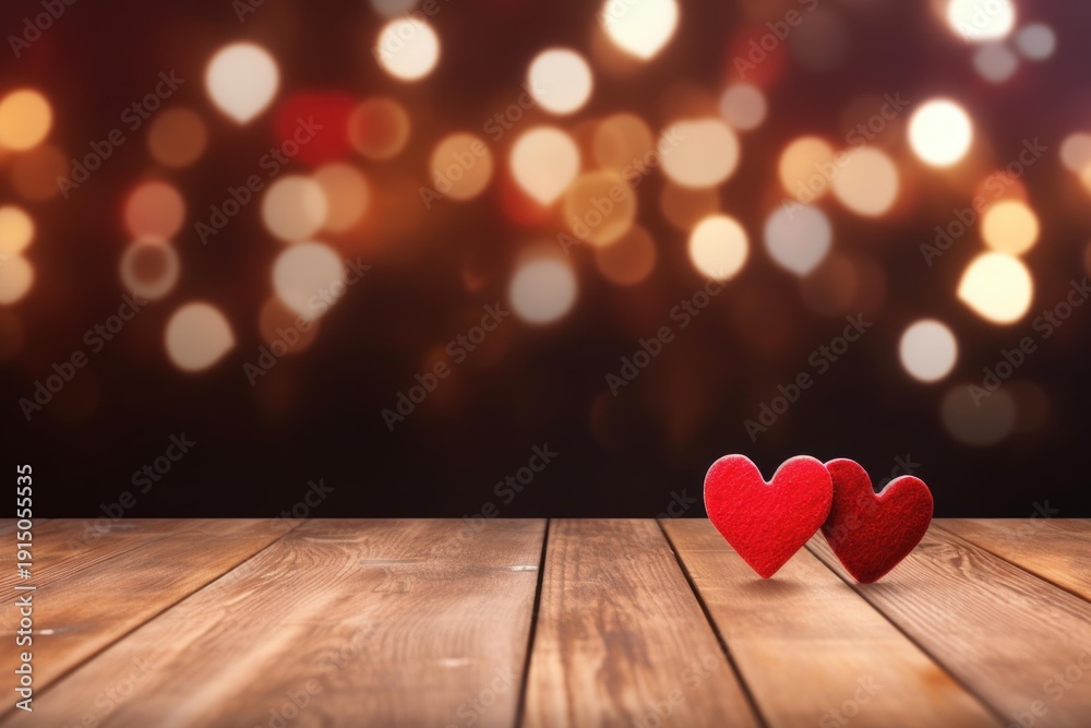 Fototapeta premium Two red heart shapes rest on a rustic wooden table with shimmering bokeh lights in the background