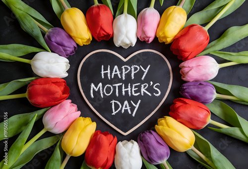Happy mothers day tulips arranged in heart shape celebration gift for mom wallpaper background