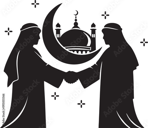 Two Muslim Men Shaking Hands with Mosque and Crescent Moon Silhouette Vector Illustration 