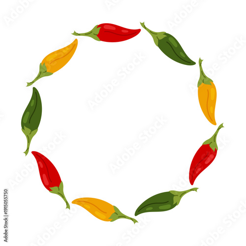 Circular frame made from assorted chili peppers in flat style. Colorful spicy border for restaurant menu, food packaging, cooking blog and recipe template.