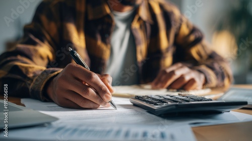 Person Calculating Expenses at Desk in Natural Light