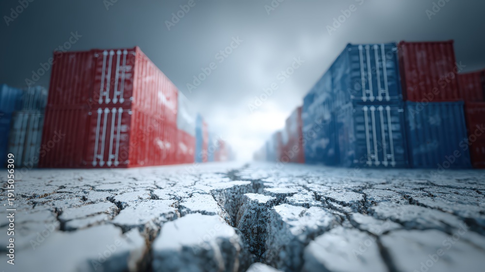 Fototapeta premium Stacked international shipping containers loom over severely fractured ground under a dramatic sky.