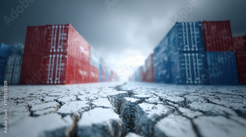 Stacked international shipping containers loom over severely fractured ground under a dramatic sky.
