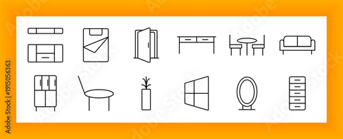 Furniture set icon. Shelves, bed, door, desk, chair, sofa, cupboard, stool, plant pot, window, mirror, drawer represented in outlined household format.