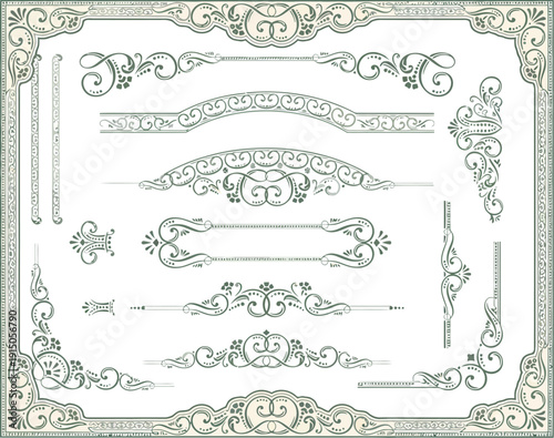 Vintage Decorative Design Elements Set with Ornate Swirls, Borders, and Flourishes