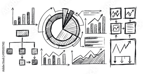A collection of hand drawn business charts and infographic elements, including bar graphs, pie charts, and flow diagrams, ideal for visualizing data analytics, strategic planning, and