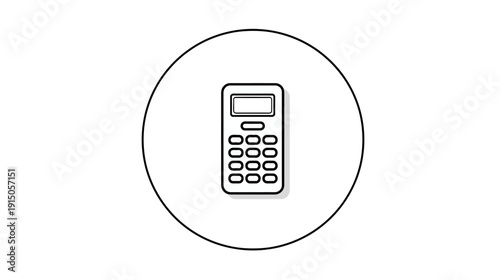 A calculator outline is centrally positioned inside a circular border, all in black on white