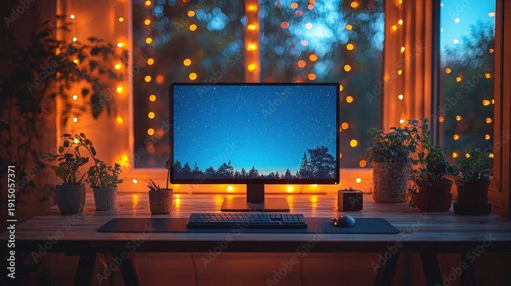 Fototapeta premium Cozy Home Office Desk with Computer Monitor Displaying Starry Night Sky Wallpaper and Warm String Lights