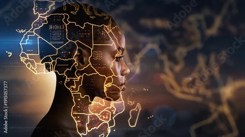 profile of African woman with glowing digital map of africa overlay