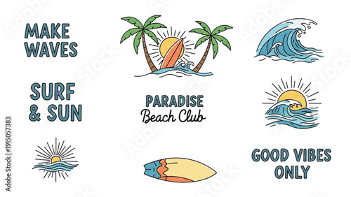 Vibrant beach illustrations showcasing surfboards, palm trees, and sunny waves in a lively coastal scene