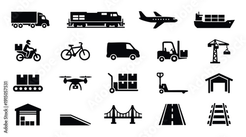 Logistics and transportation icons for freight shipping global delivery services supply chain management and warehousing operations in modern business applications