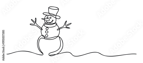 Continuous single line drawing of a smiling snowman wearing a top hat and stick arms standing on a snowy ground, ideal for festive season projects and winter themed marketing.