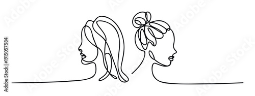 Continuous line drawing of two women profiles back to back representing connection and duality, perfect for modern web graphics, posters, or contemporary branding