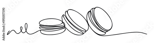 Elegant continuous line drawing of three sweet macaron cookies ideal for bakery branding, sweet dessert advertisements, and confectionery shop menus.