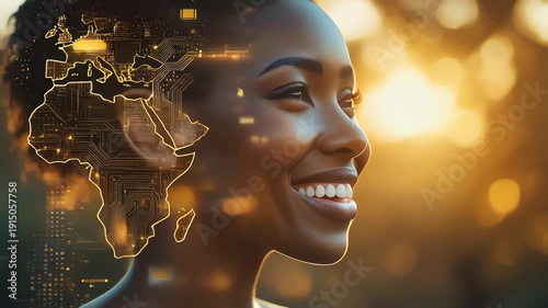 profile of African woman with glowing digital map of africa overlay