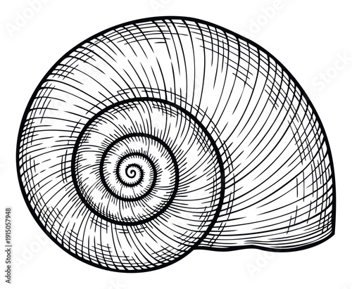 Detailed black and white sketch of a mollusk seashell displaying intricate natural logarithmic spiral geometry perfect for educational and scientific designs