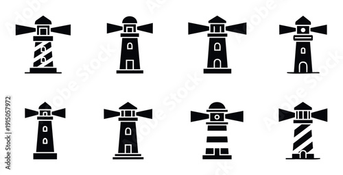 Compilation of minimalist lighthouse silhouettes emitting light beams, perfect for illustrating oceanic navigation, coastal landmarks, or tourist information resources.