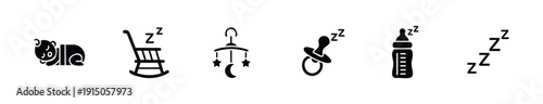 Set of baby care icons showcasing a sleeping infant, rocking chair, baby mobile, pacifier, and feeding bottle, perfect for childcare websites, apps, and product branding.