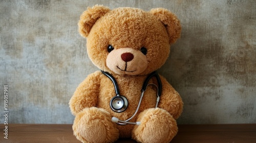 Brown Teddy Bear Wearing a Stethoscope for Pediatric Medicine and Children's Healthcare