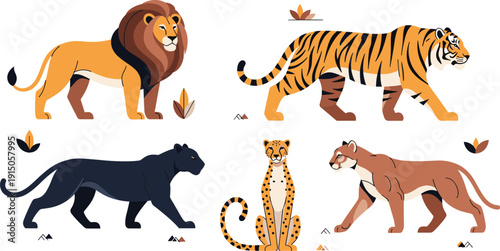 Wild Big Cats Flat Illustration Set with Lion Tiger Panther Cheetah and Puma Exotic Feline Animals Vector Collection