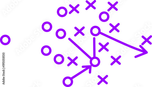 Purple hand-drawn X and O tactical diagram with arrows showing movement and strategy on a white background, ideal for sports playbook and planning concepts.
