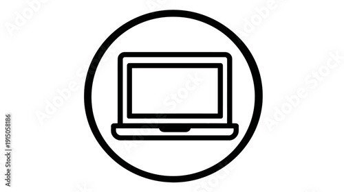 A simple black line art icon of a laptop computer enclosed within a bold black circular outline
