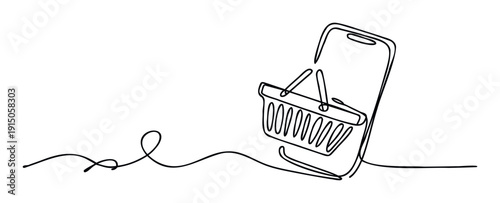 A continuous line drawing illustrating a mobile phone with a shopping basket on its screen, symbolizing modern online retail and seamless digital purchasing for business applications.