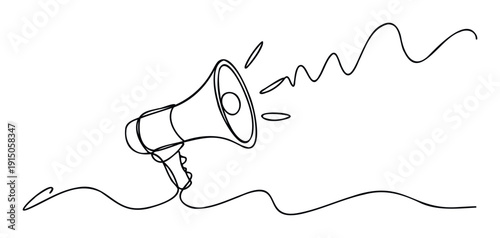 Simple continuous line drawing of a megaphone symbolizing loud announcement and important message broadcast, perfect for marketing campaigns and public information graphics.