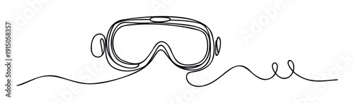Minimalist continuous line drawing of ski goggles with a long winding strap, ideal for winter sports apparel branding or extreme adventure activity promotions.