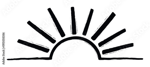 Distressed black brushstroke sun symbol with radiating rays creating an abstract modern sunrise emblem perfect for branding, visual media, and expressive communication applications.
