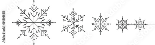 Flat vector illustration of fractal snowflake patterns, recursive geometric designs, symmetrical ice crystal graphics, abstract mathematical art, decorative winter motifs